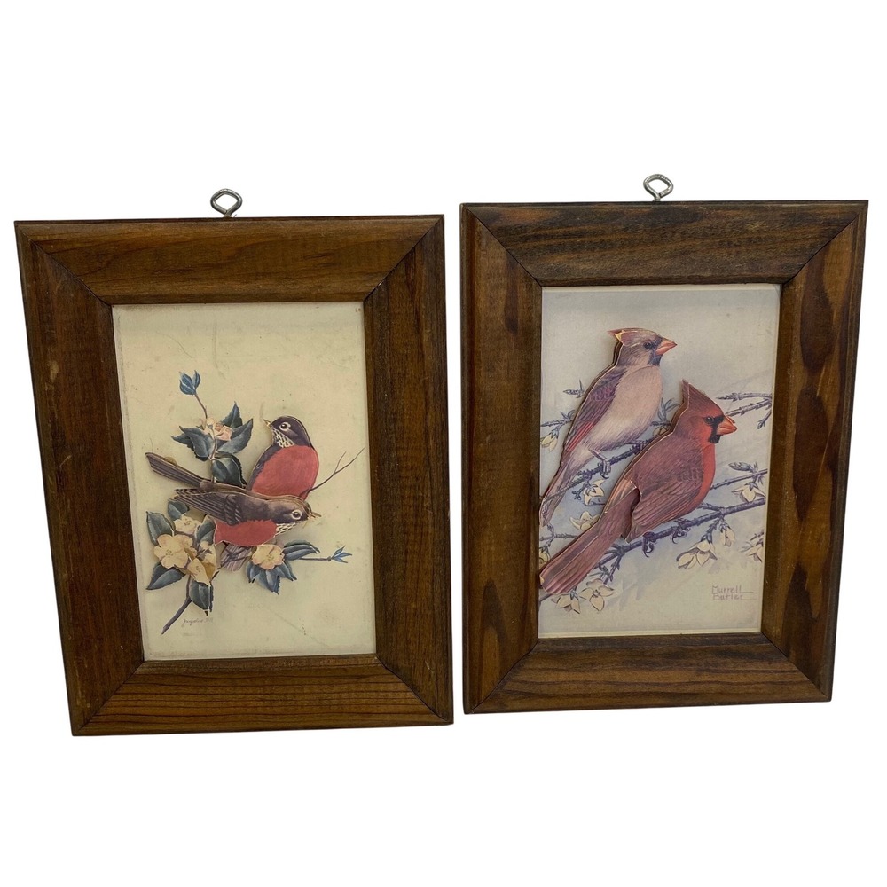 Murrell Butler Jacqueline Hill 3D Paper Tole Bird Art Set 2 Wood Frame Vintage